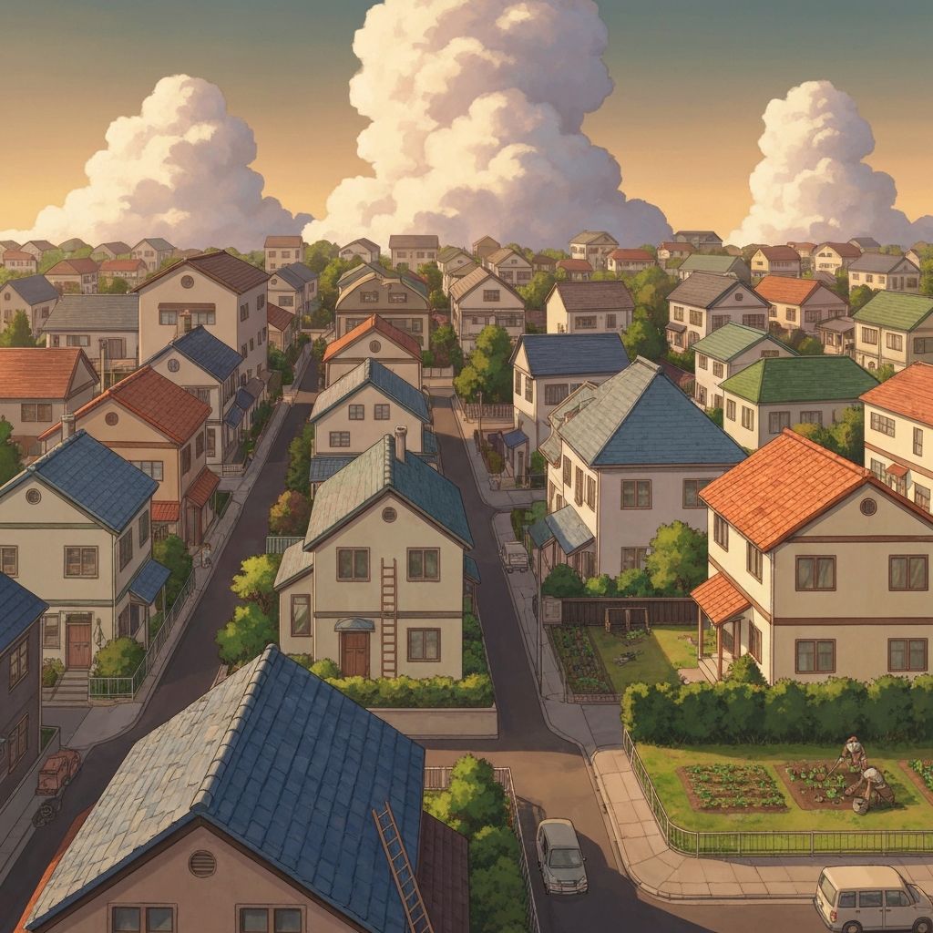 Aerial view of a charming neighborhood at golden hour